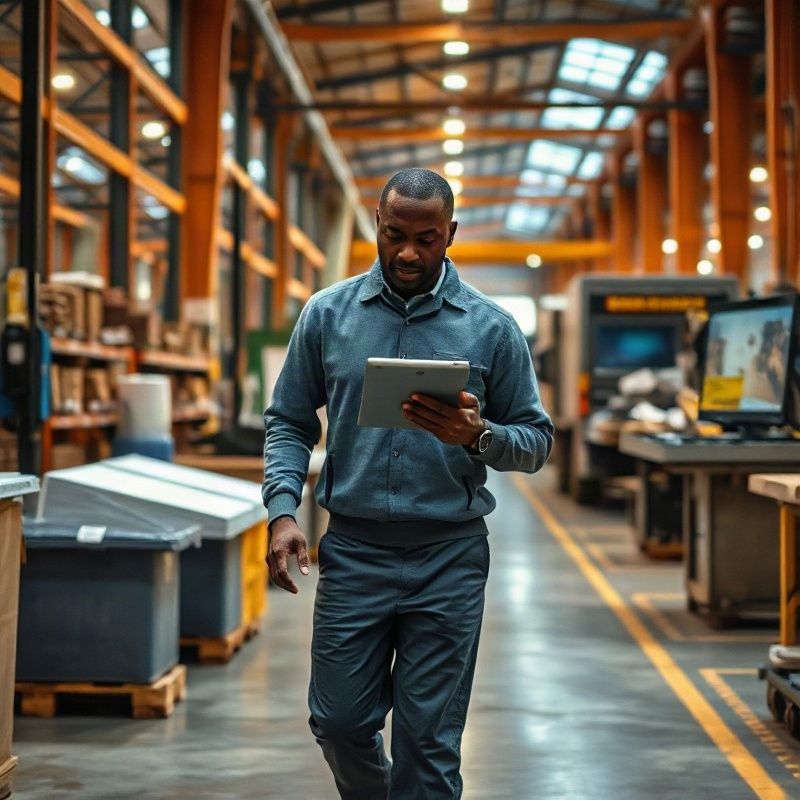 Operations manager reviewing a tablet on a manufacturing floor