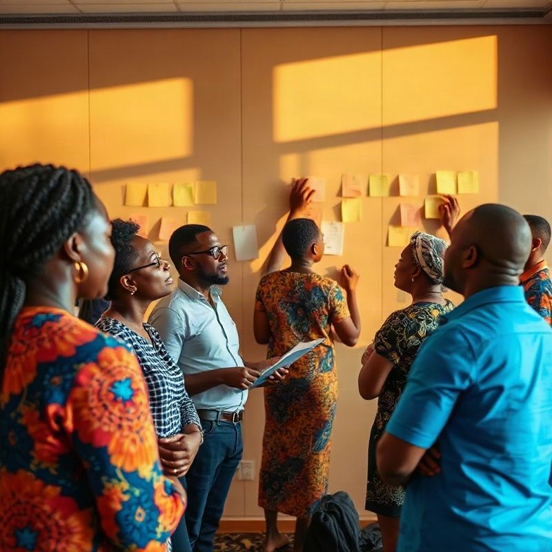 Team workshop with participants engaged with sticky notes on a wall
